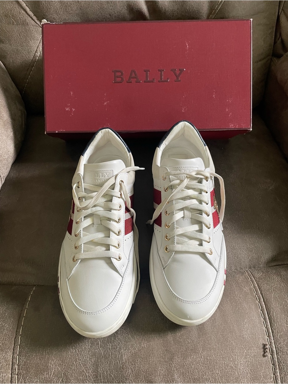 Bally White Sneakers with Red Stripe and Gold Accents
